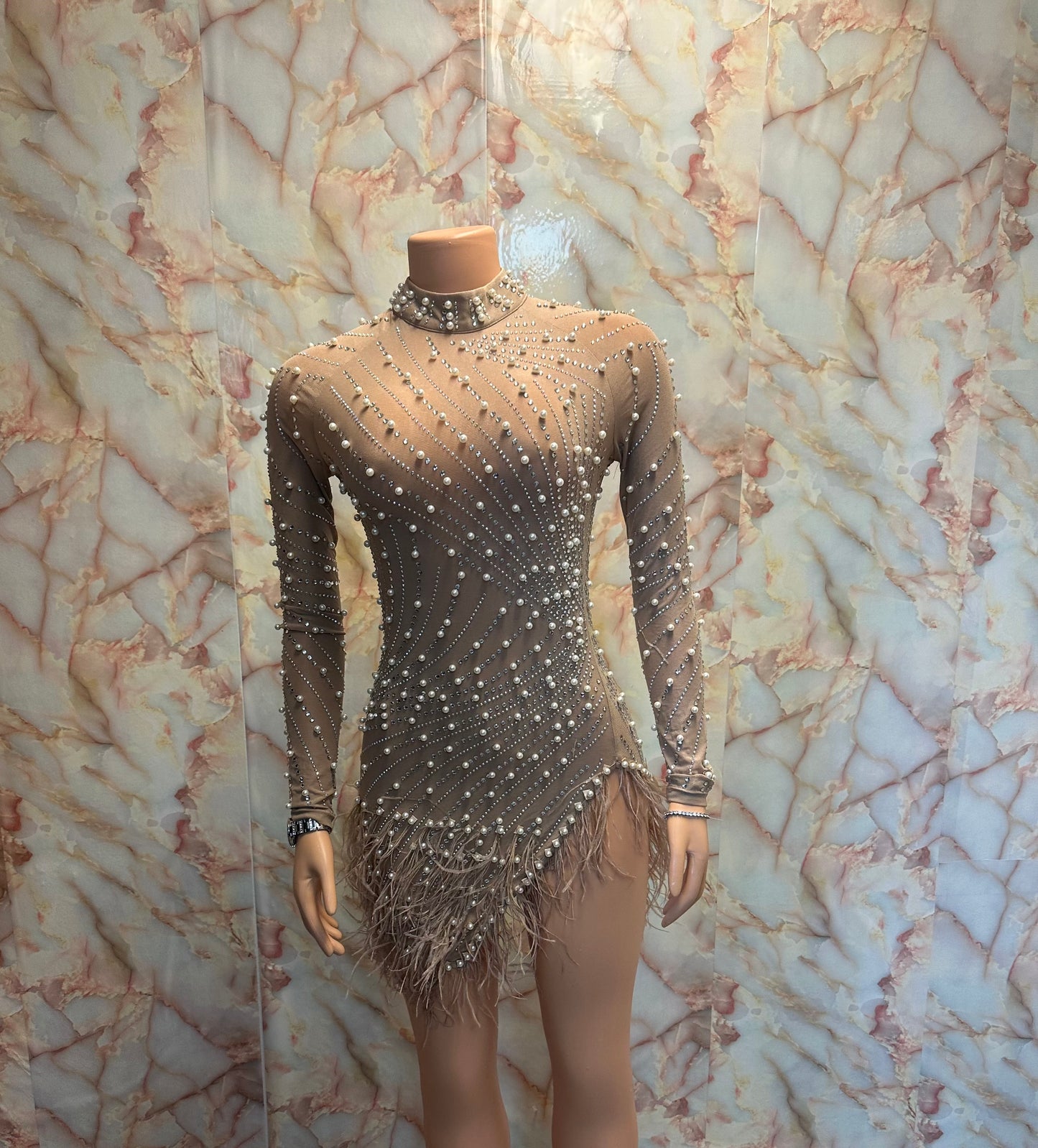 Nude pearl feather dress