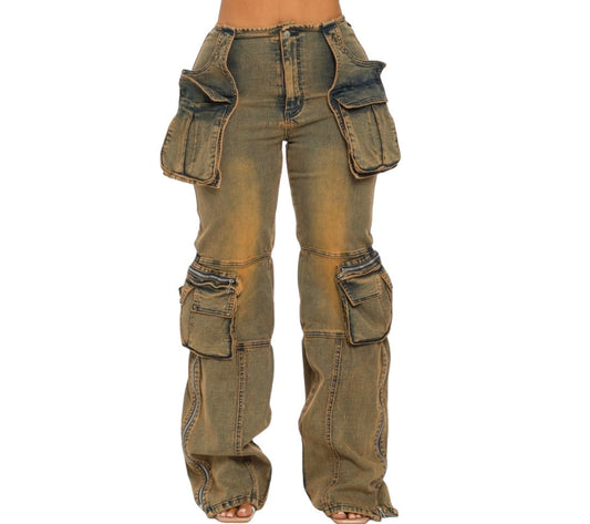 Acid wash cargo jeans