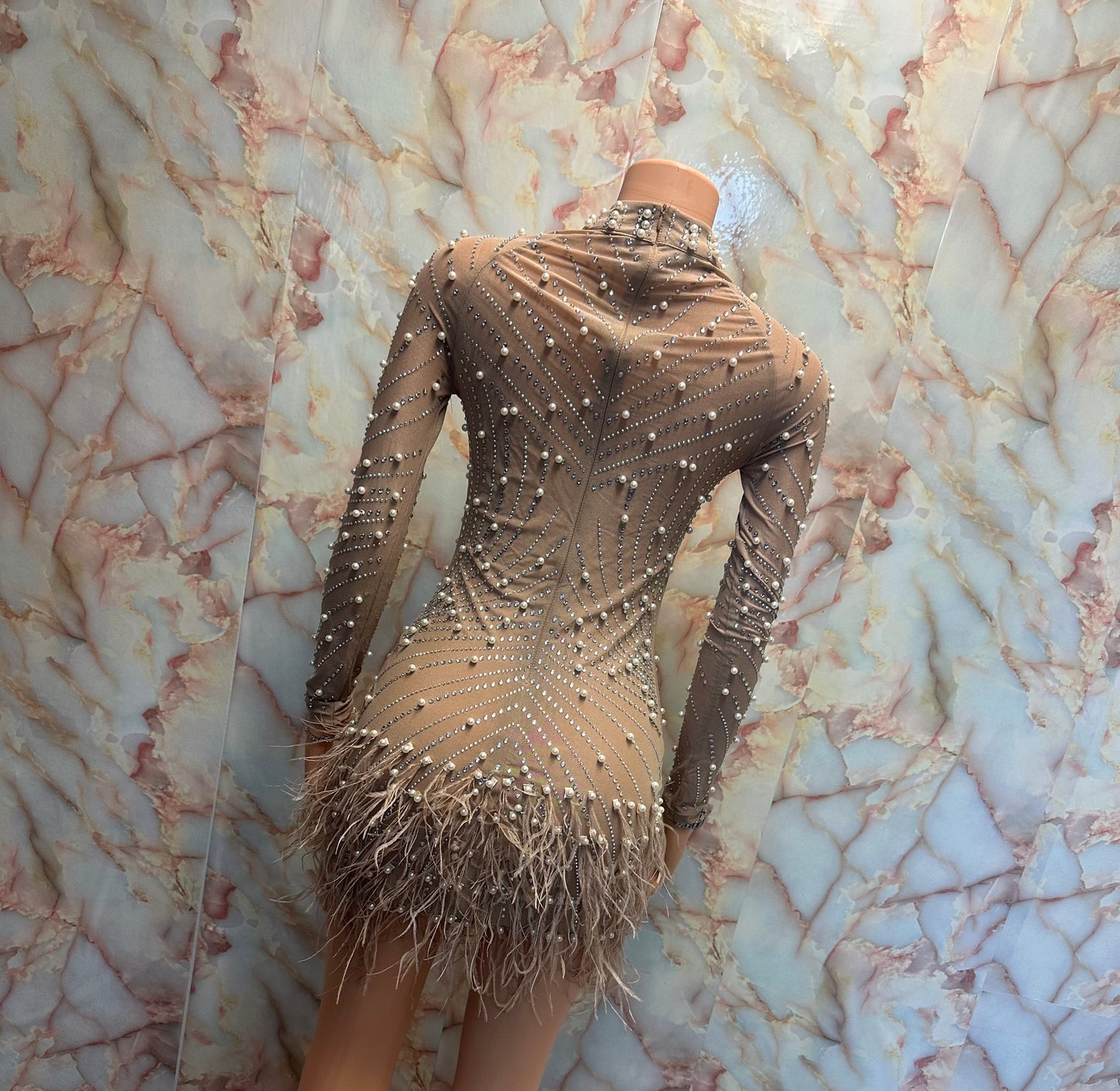 Nude pearl feather dress