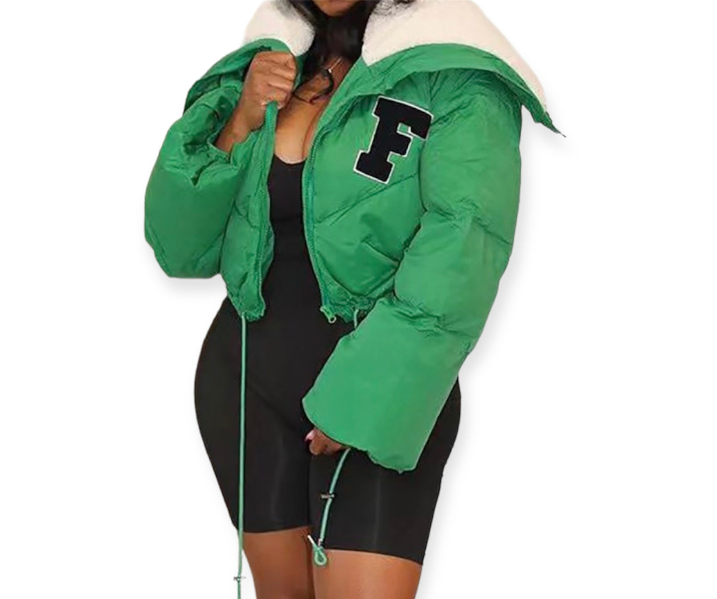 Green cropped puffer coat