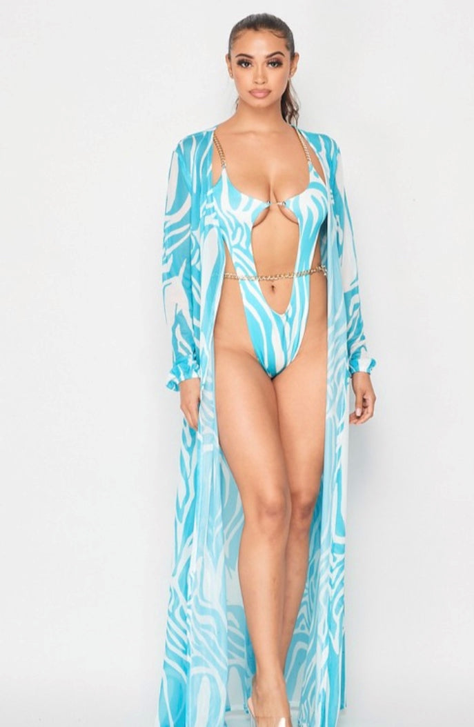 Blue and white one piece swim suit