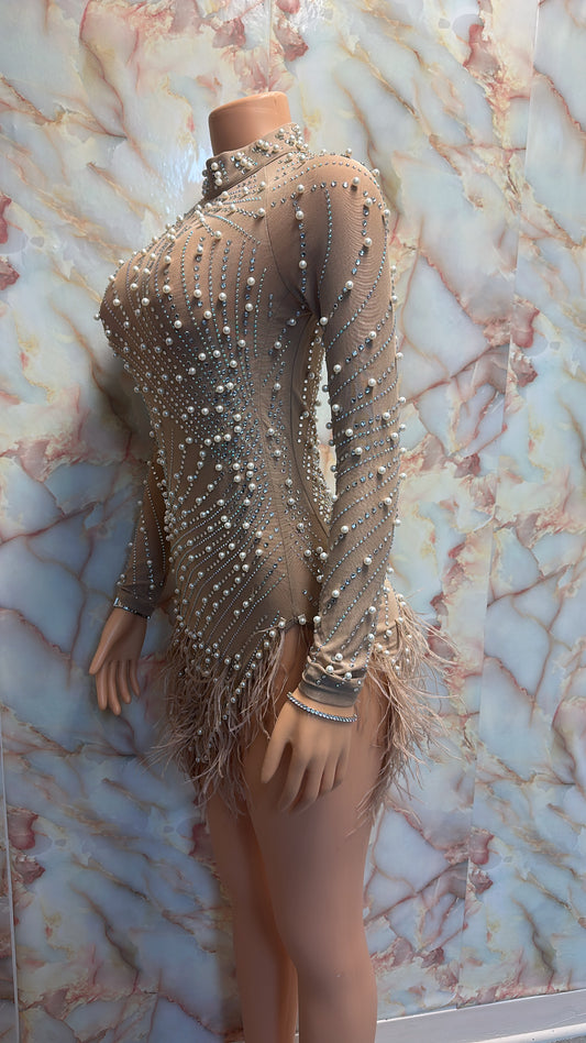Nude pearl feather dress